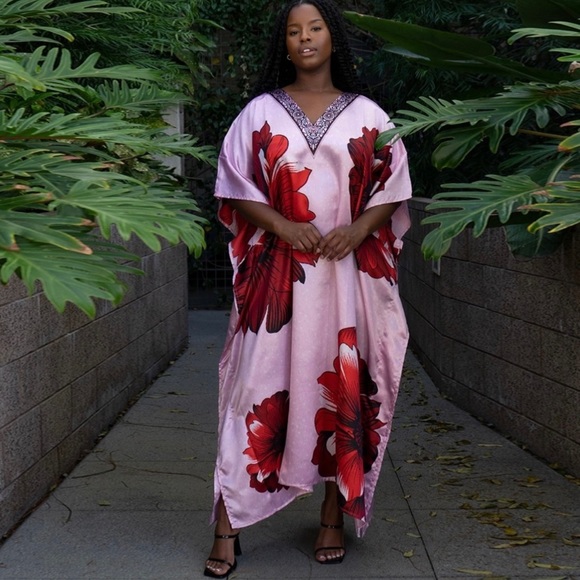 Winlar Other - ✴️CARESS PINK RED ROSE MIX S-4XL LOUNGE COVERUP ROBE DRESS KAFTAN